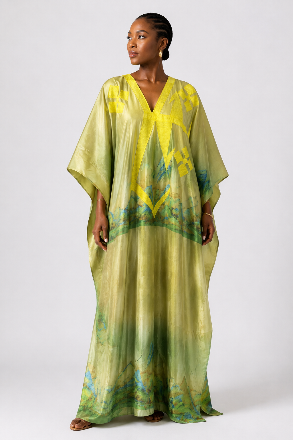 Olive green silk bubu on yellow pattern