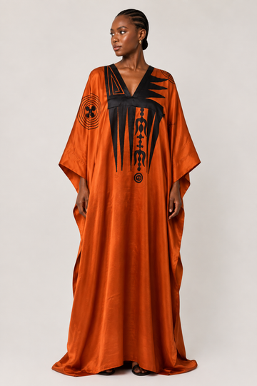 Burnt orange silk bubu on black patterned