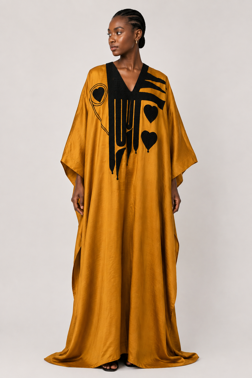 Mustard Yellow Embroidered Kaftan Maxi Dress