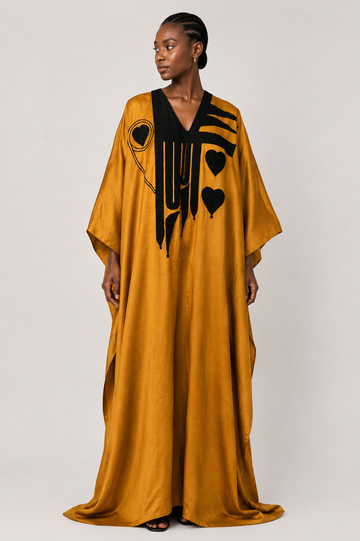 Mustard Yellow Embroidered Kaftan Maxi Dress