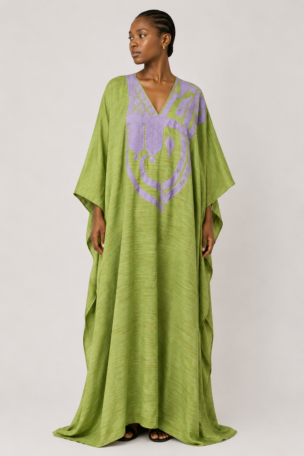 Olive green bubu with purple embroidered
