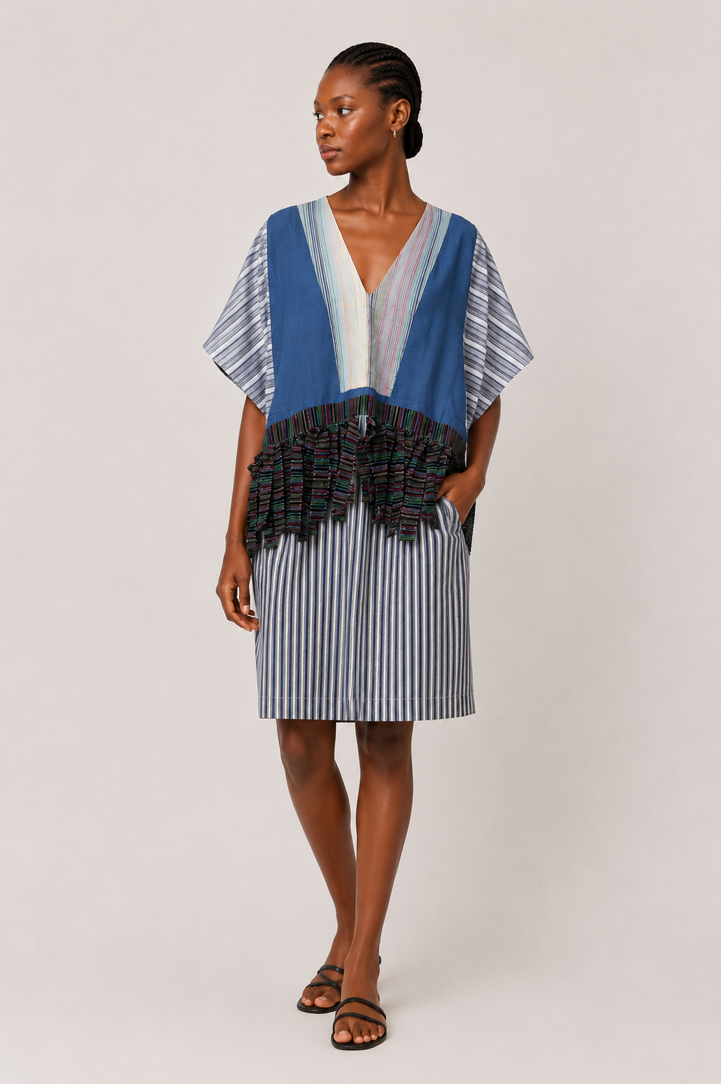 Striped Patchwork Tunic Dress with Fringe