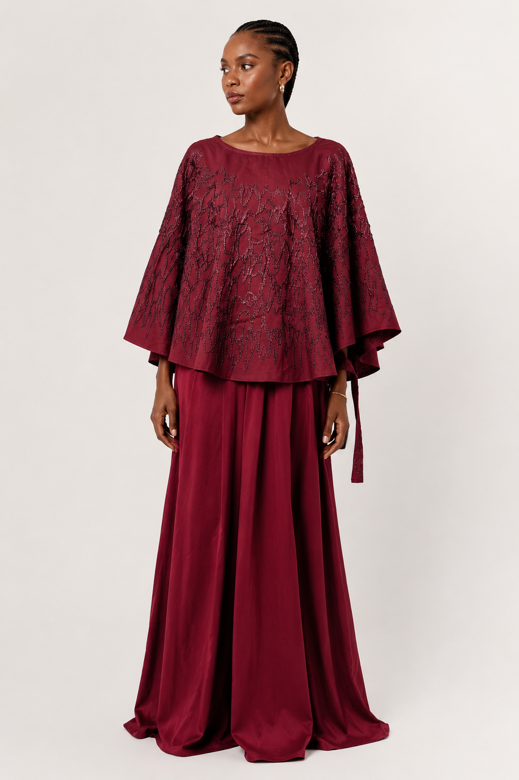 Burgundy Beaded Cape Top and Maxi Skirt Set