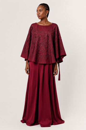 Burgundy Beaded Cape Top and Maxi Skirt Set