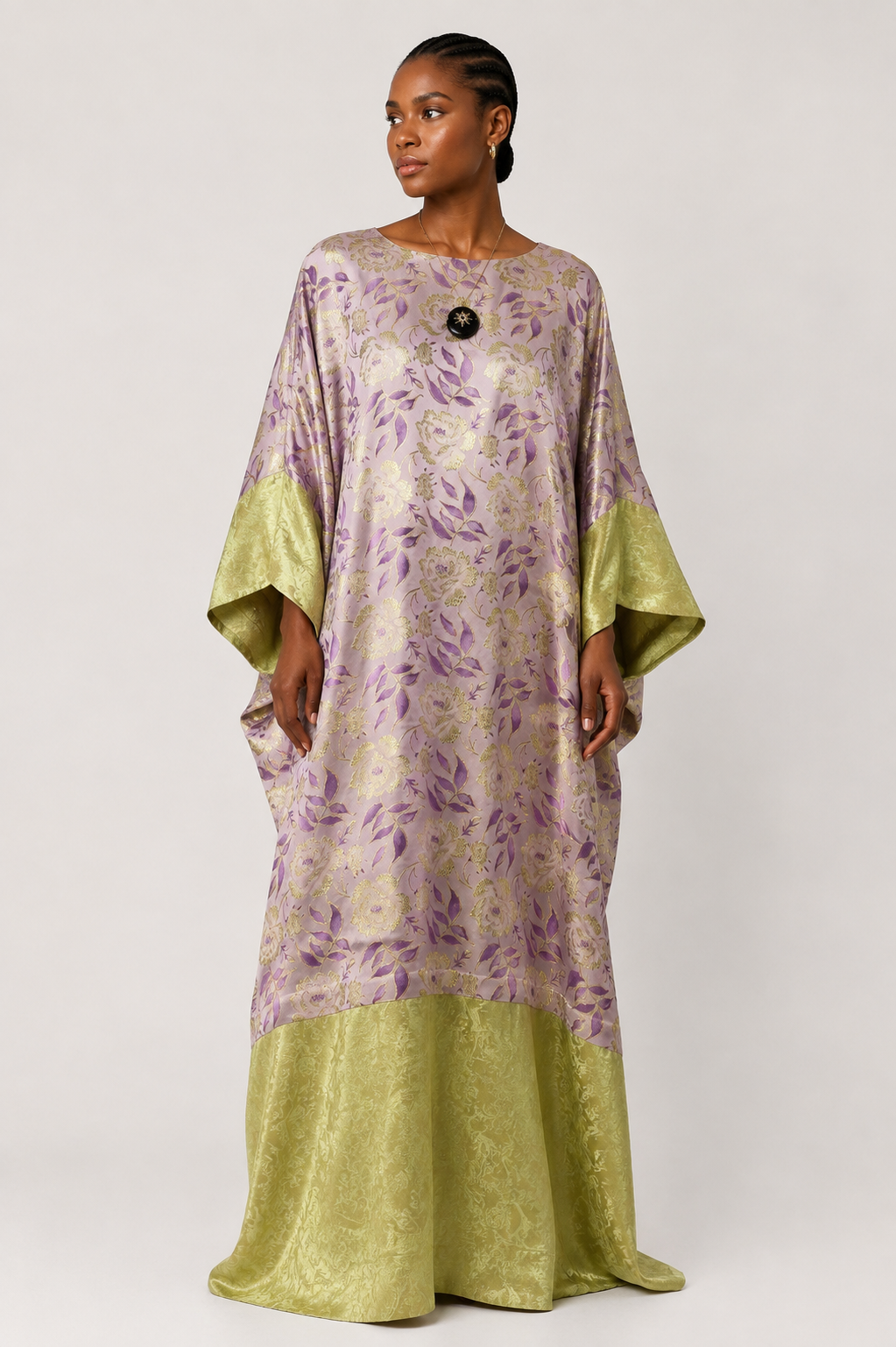 Lilac and Sage Green Floral Jacquard Kaftan Dress