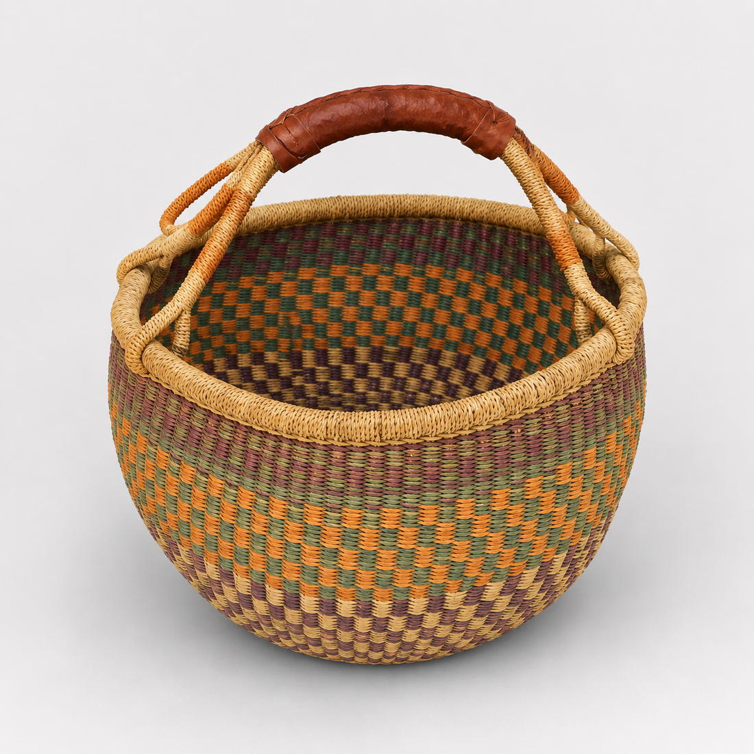 Handwoven Round Market Basket with Leather Wrapped Handle