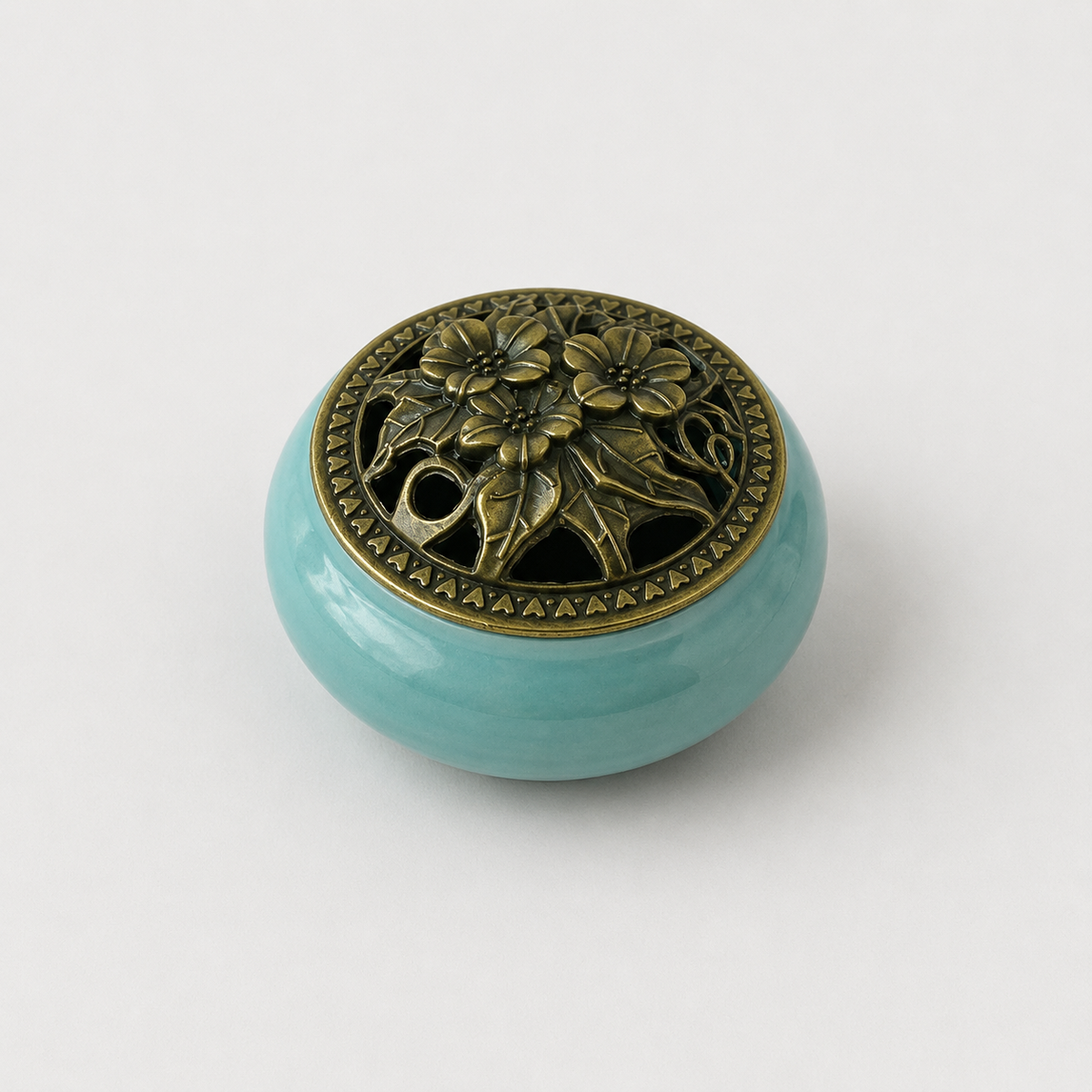 Ceramic Incense Burner with Brass Floral Lid