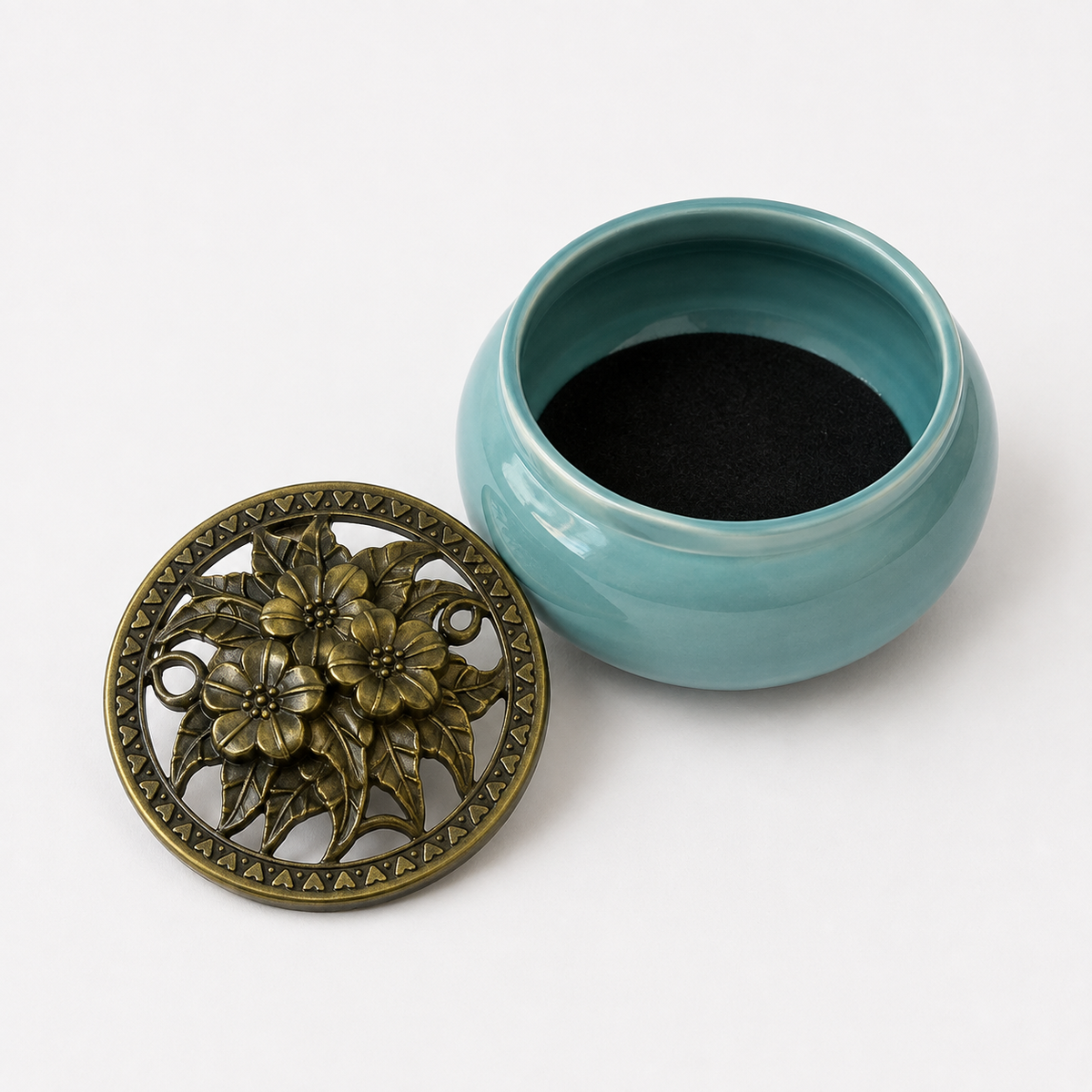 Ceramic Incense Burner with Brass Floral Lid