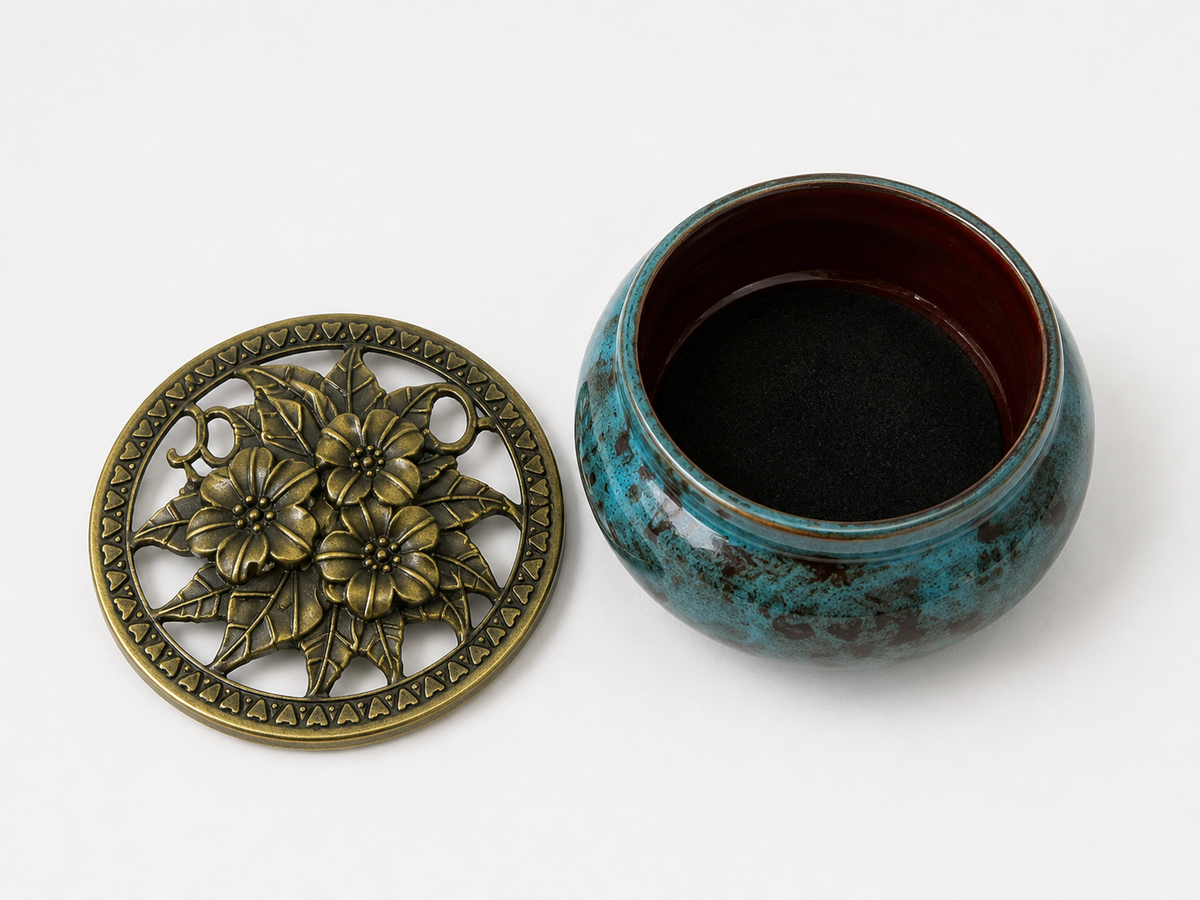 Ceramic Incense Burner with Brass Floral Lid