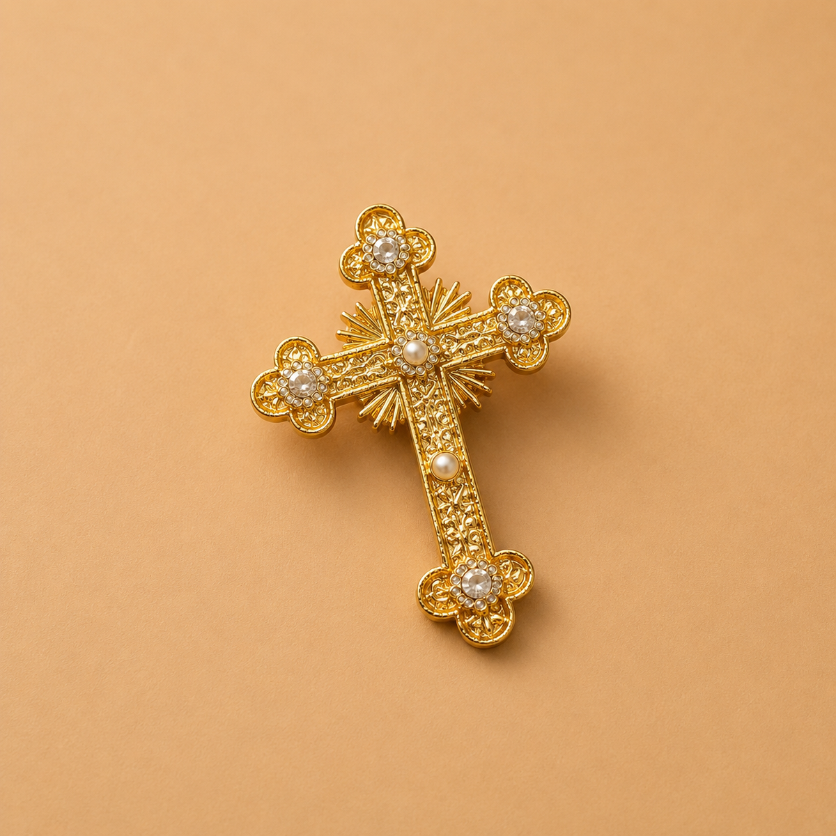 Vintage-Inspired Baroque Golden Cross Brooch