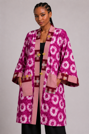 Patterned Kimono Jacket with Plaid Trim