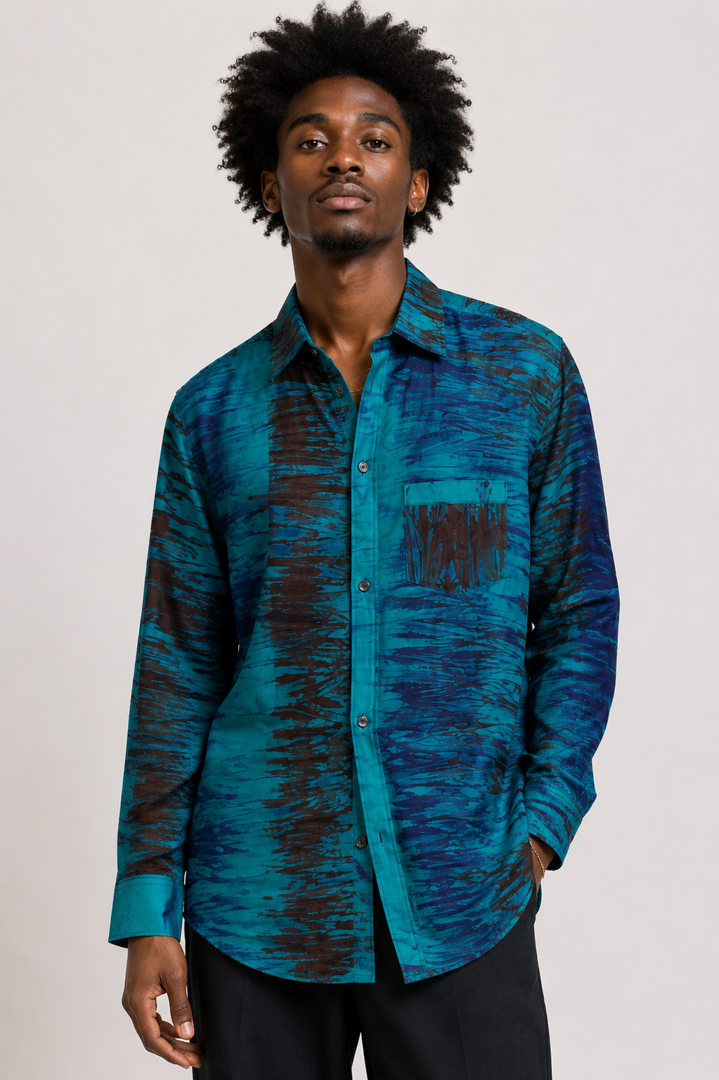 Teal and Blue Patterned Long Sleeve Button-Up Shirt