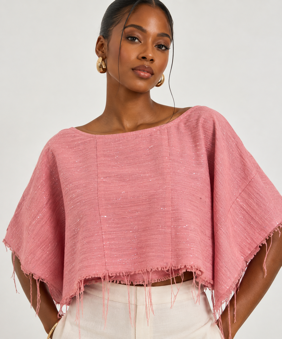 Dusty Pink Fringed Cropped Poncho Top with Embroidered Back