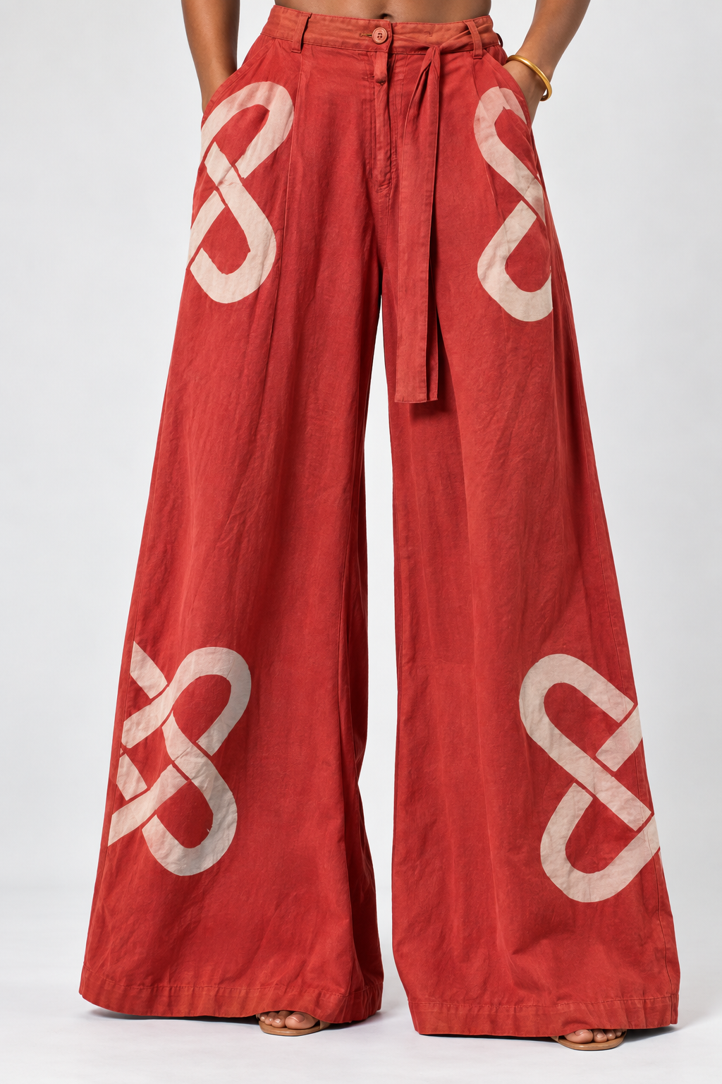 Red Printed High-Waisted Wide-Leg Trousers with Pleats