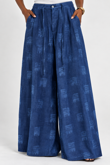 Indigo Blue Nkyinkyim Printed High-Waisted Wide-Leg Tie Trousers