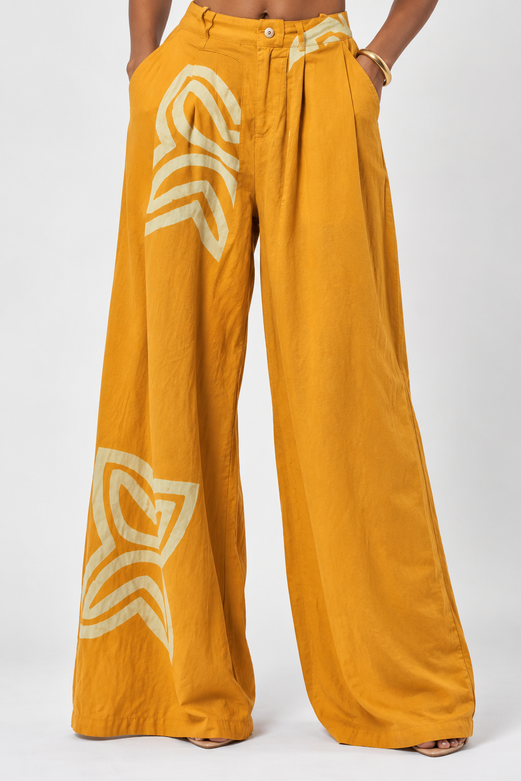 Yellow Printed High-Waisted Wide-Leg Trousers with Pleats