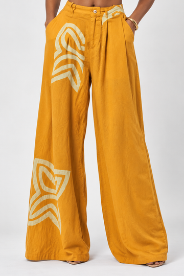 Yellow Printed High-Waisted Wide-Leg Trousers with Pleats