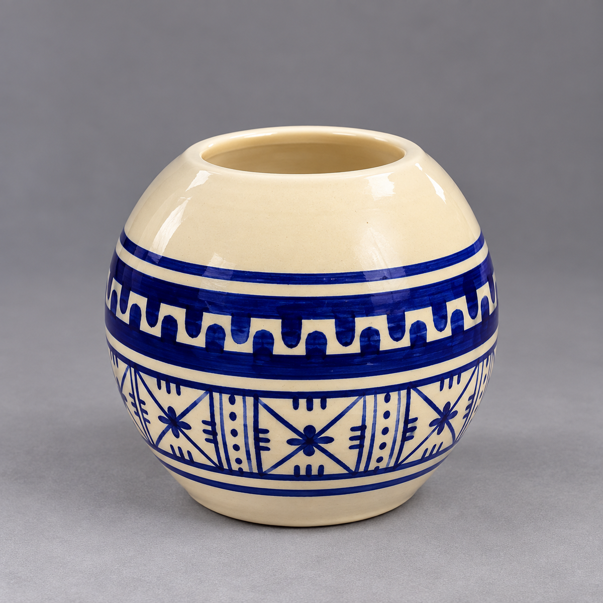 Hand-Painted Blue & Cream Moroccan Glazed Ceramic Deep Bowl