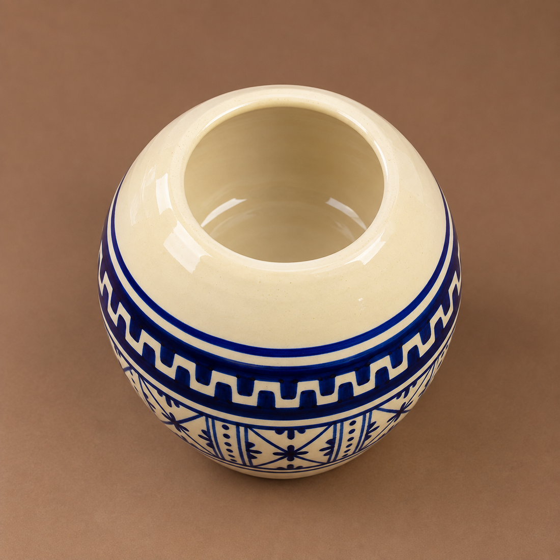 Hand-Painted Blue & Cream Moroccan Glazed Ceramic Deep Bowl