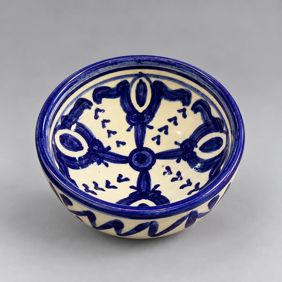 Hand-Painted Blue & White Moroccan Glazed Ceramic Bowl
