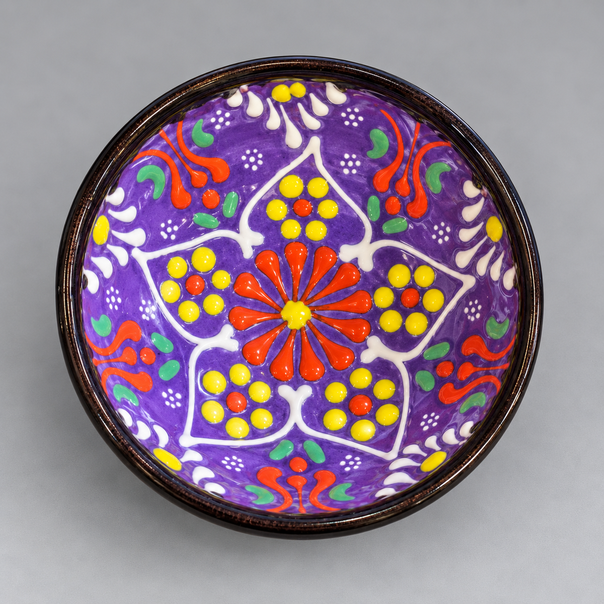 Hand-Painted Purple & Floral Glazed Ceramic Bowl
