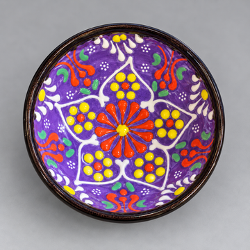 Hand-Painted Purple & Floral Glazed Ceramic Bowl