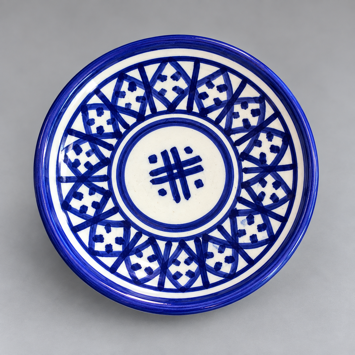 Hand-Painted Blue & White Moroccan Glazed Ceramic Plate