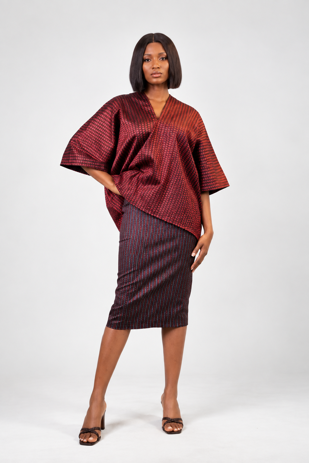 Burgundy Metallic Patterned Oversized Top & Pencil Skirt Set
