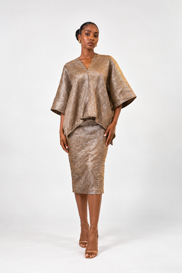Metallic Gold Textured Oversized Top & Pencil Skirt Set