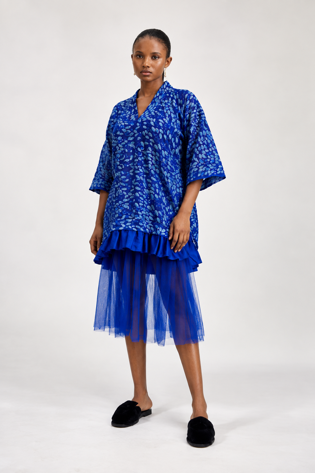 Royal Blue Patterned V-Neck Tunic Dress with Tulle Hem