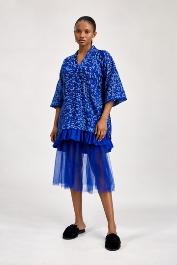 Royal Blue Patterned V-Neck Tunic Dress with Tulle Hem