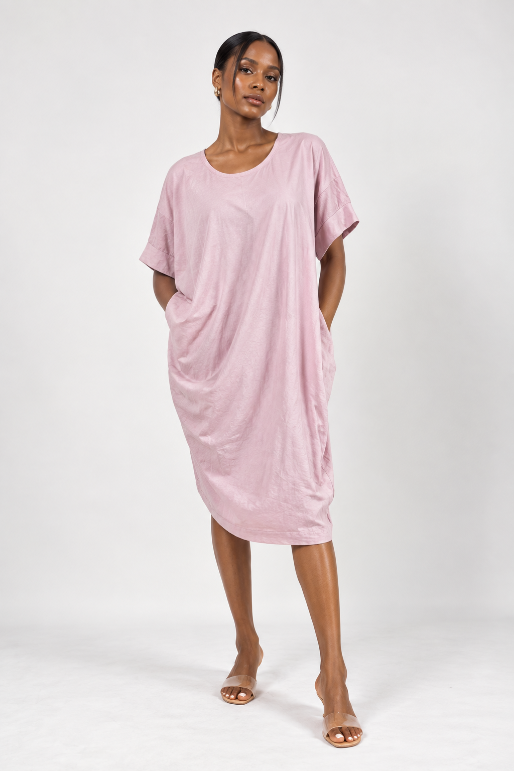 Dusty Pink Short-Sleeve Draped Cocoon Midi Dress