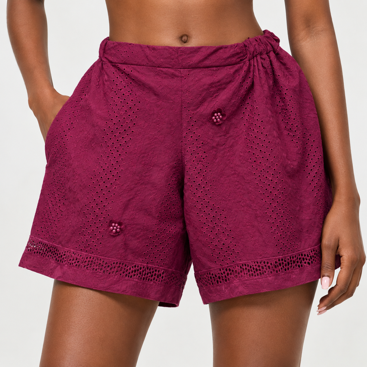 Magenta Eyelet High-Waisted Shorts with Floral Appliqué