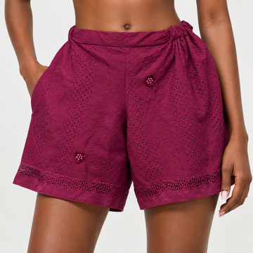 Magenta Eyelet High-Waisted Shorts with Floral Appliqué