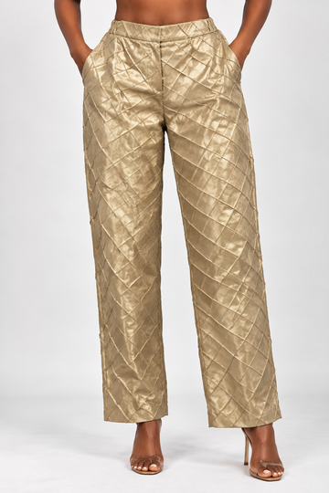 Gold Pintucked High-Waisted Straight-Leg Trousers