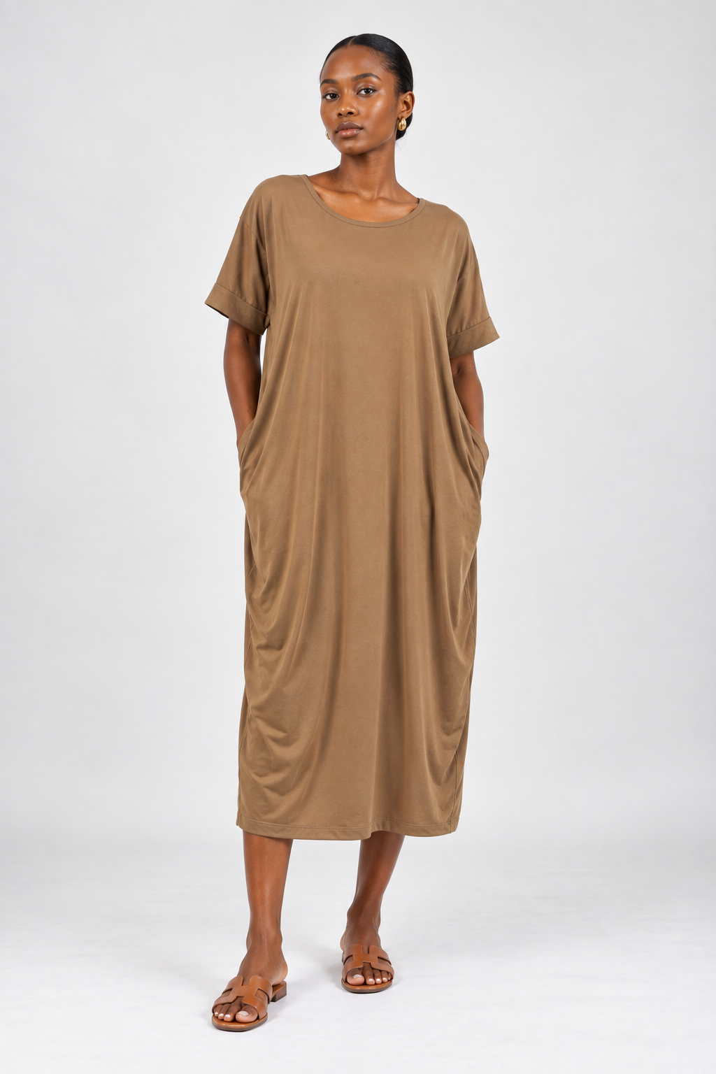 Brown Short-Sleeve Draped Cocoon Midi Dress with Pockets