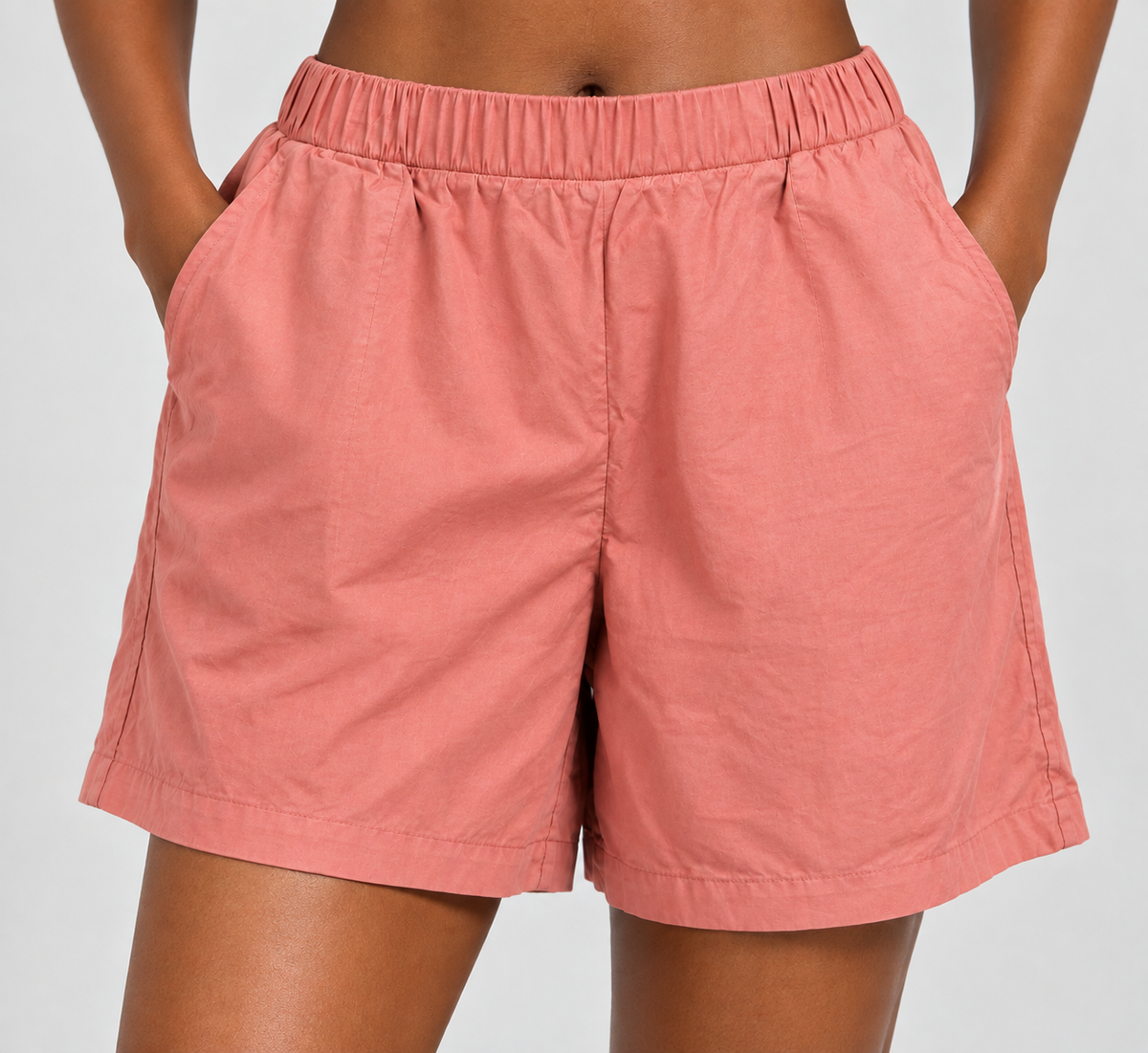 Coral Pink High-Waisted Elastic Waist Shorts with Pockets