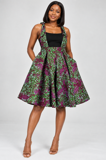 Green and Purple African Print Pinafore Flare Skirt