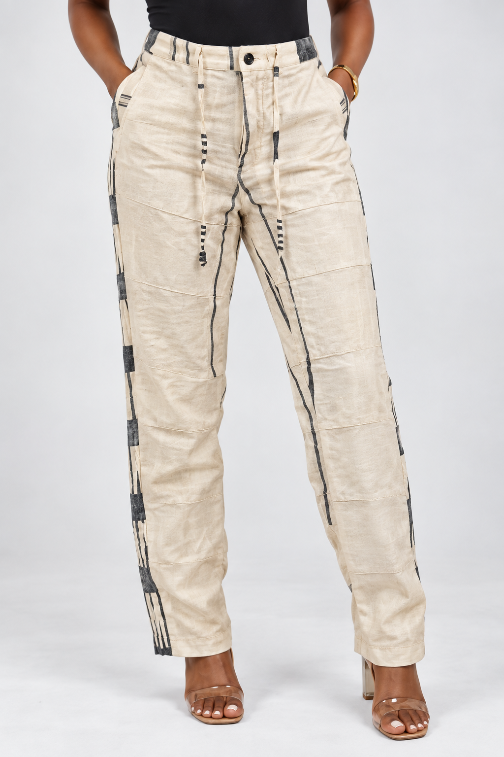 Cream Striped High-Waisted Drawstring Linen Trousers