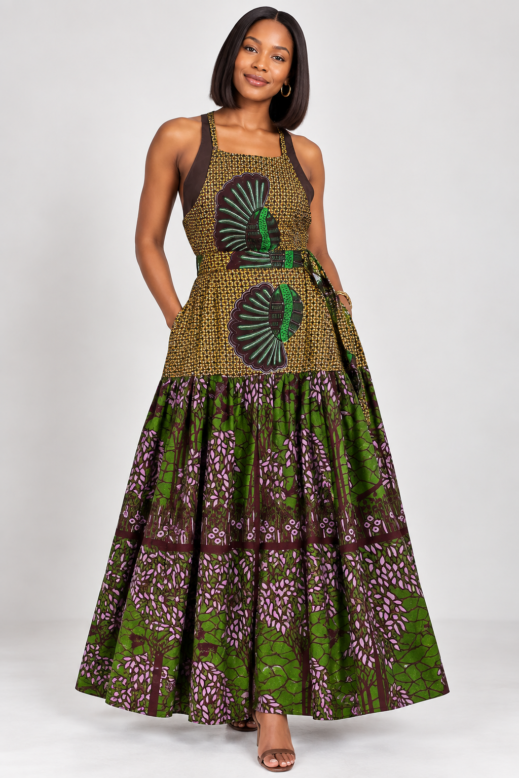Yellow and Green African Print Tiered Maxi Dress