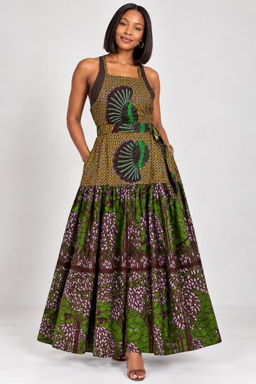 Yellow and Green African Print Tiered Maxi Dress