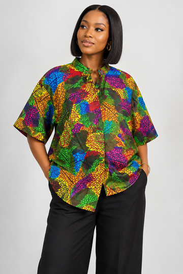 Vibrant Multicolor Leaf Print Short-Sleeve Mandarin Shirt