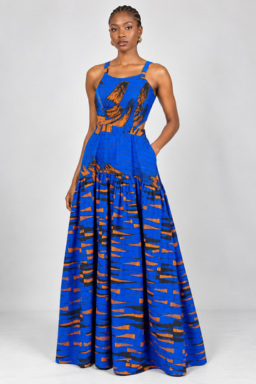 Vibrant Blue African Print Cutout Maxi Dress