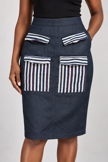 Jeans Skirt with Striped Pockets