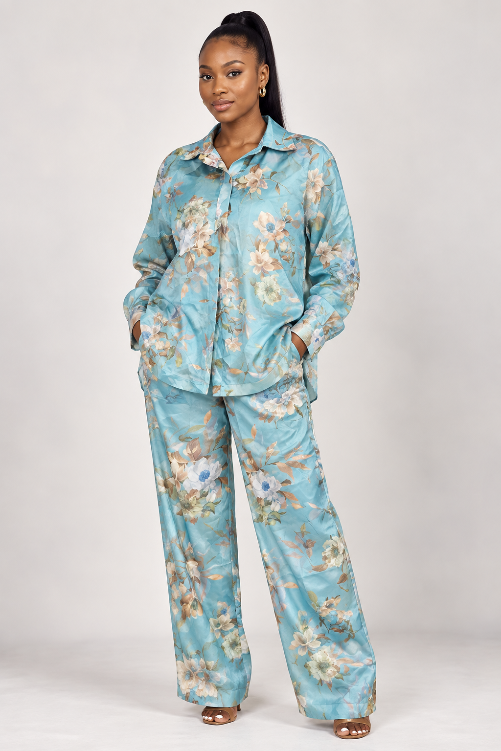 Light Blue Floral Satin Long Sleeve Shirt & Trousers Set
