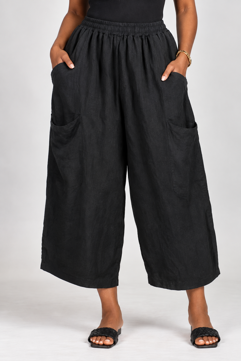 Black High-Waisted Wide-Leg Linen Culottes with Pockets