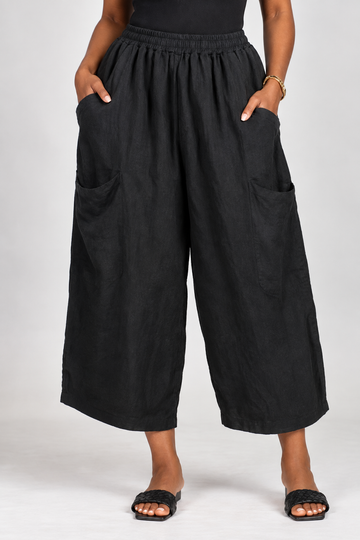 Black High-Waisted Wide-Leg Linen Culottes with Pockets