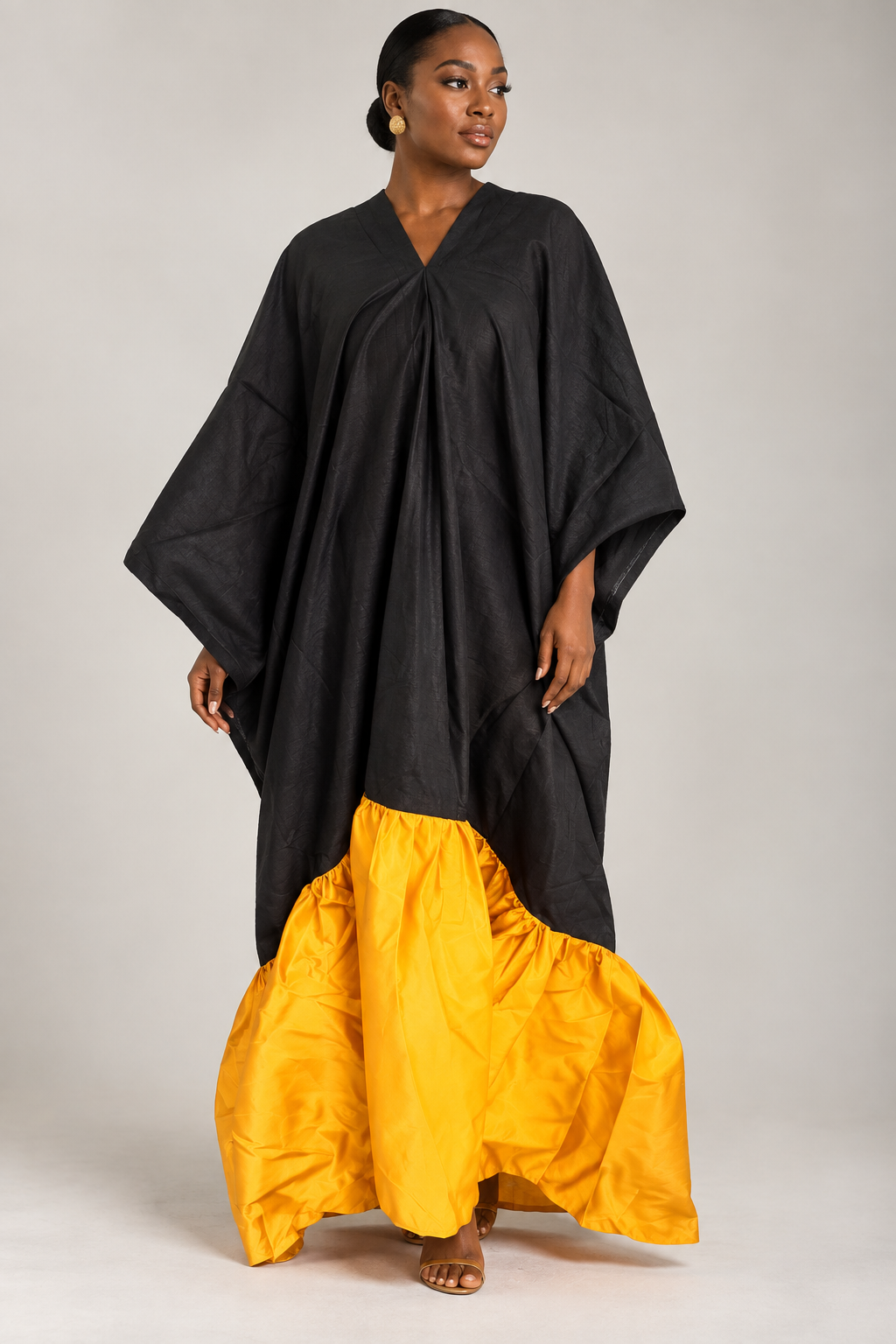 Two-Tone Voluminous Ruffled Kaftan Maxi Dress