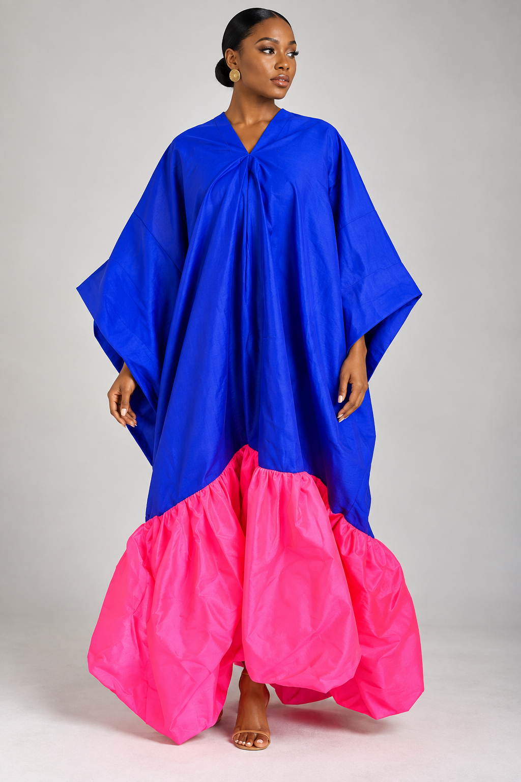 Two-Tone Voluminous Ruffled Kaftan Maxi Dress