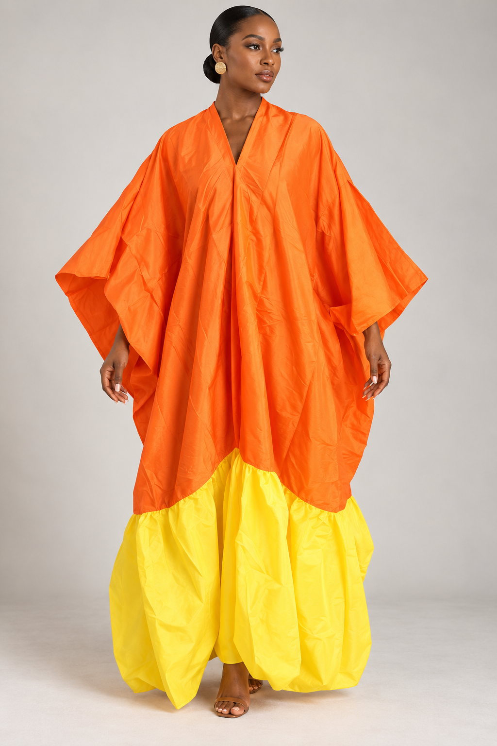 Two-Tone Voluminous Ruffled Kaftan Maxi Dress